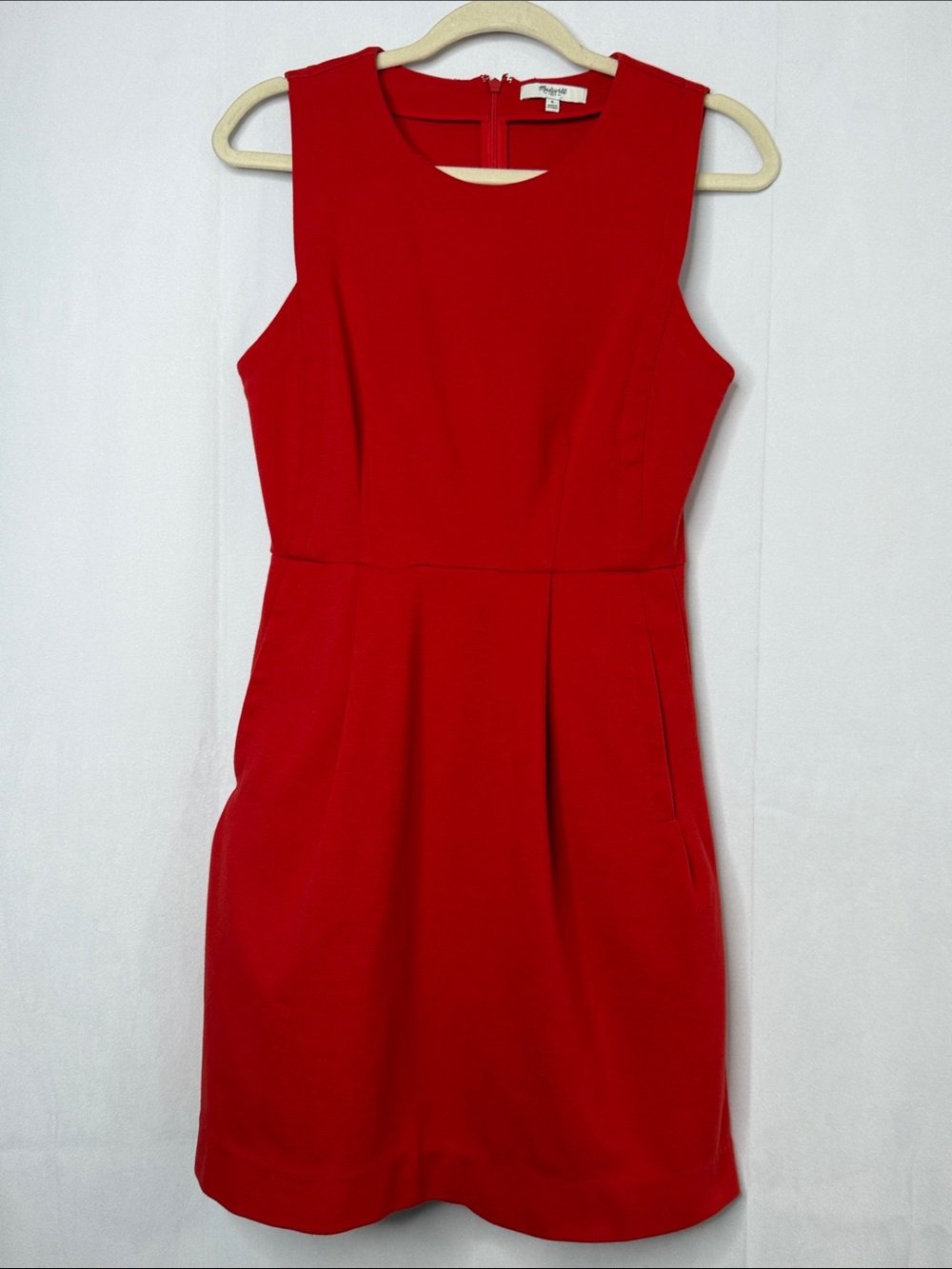Red Sleeveless Sheath Madewell Pleated Pockets Dress